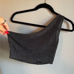 Black Glitter One Shoulder Crop Top